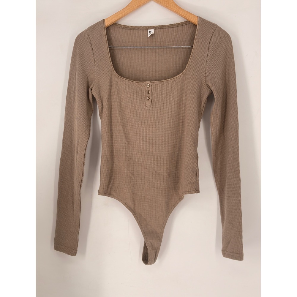 BP Square Neck Long Sleeve Bodysuit Top Brown Ribbed Casual Everyday